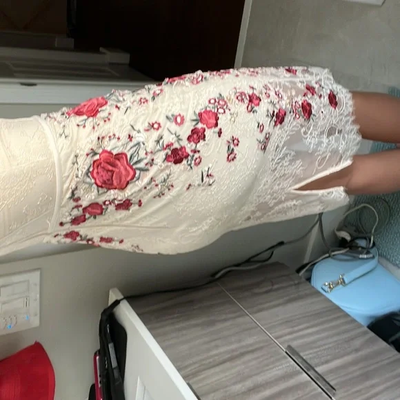 bebe Floral Embroidered Midi Dress - Red and Cream - Picture 5 of 12